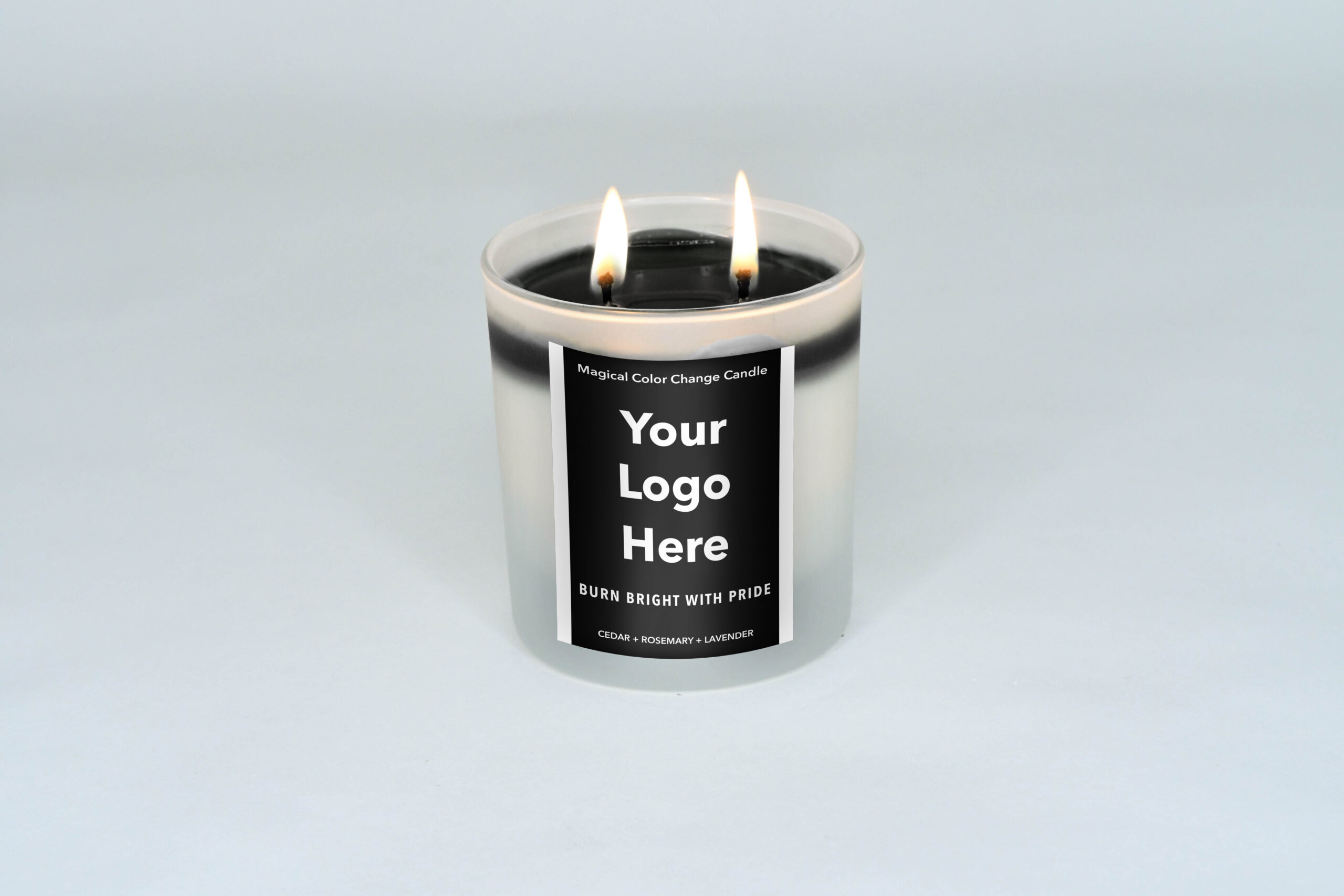 Black candle, your logo here, lit, full wax pool