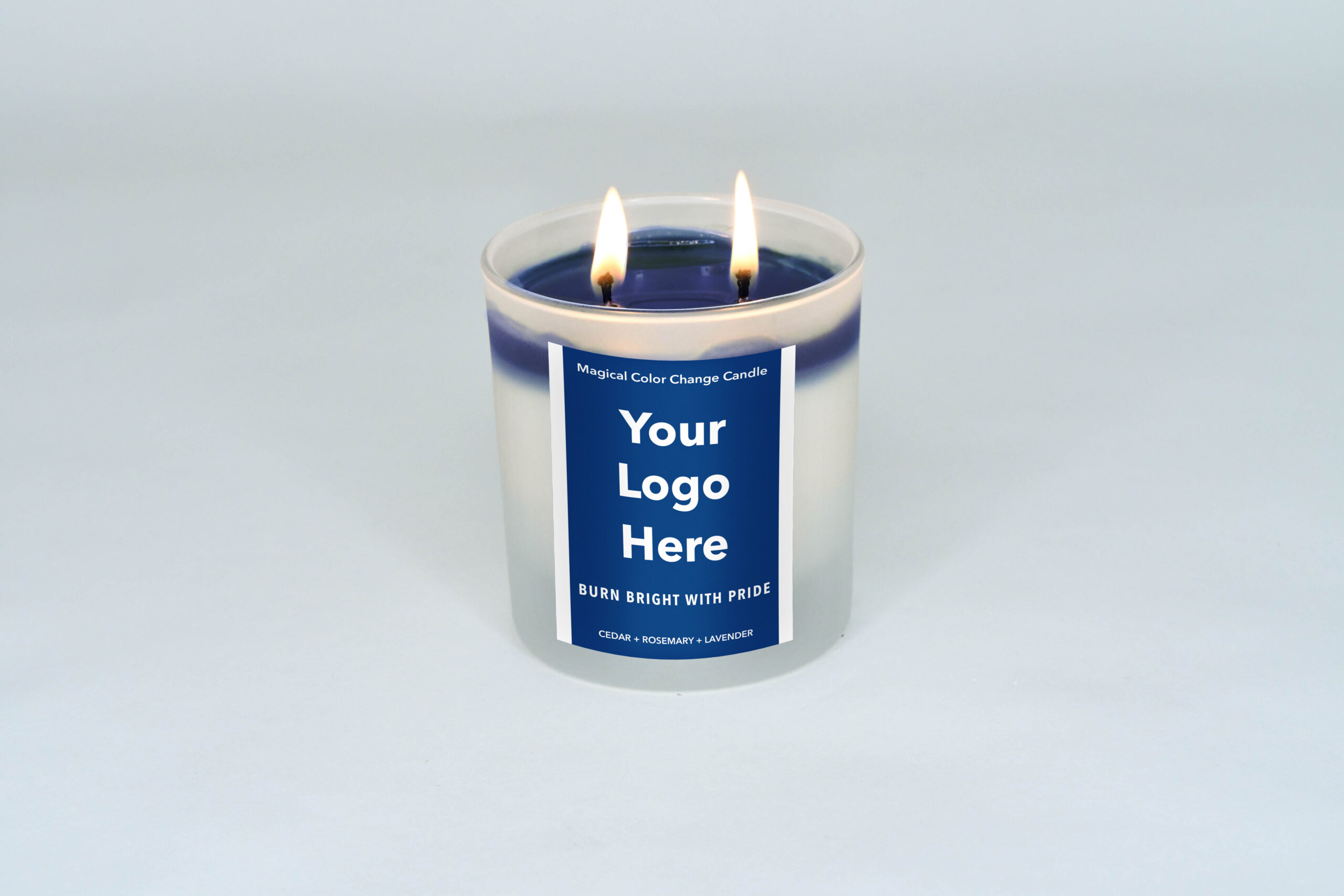 Blue candle, your logo here, lit, full wax pool