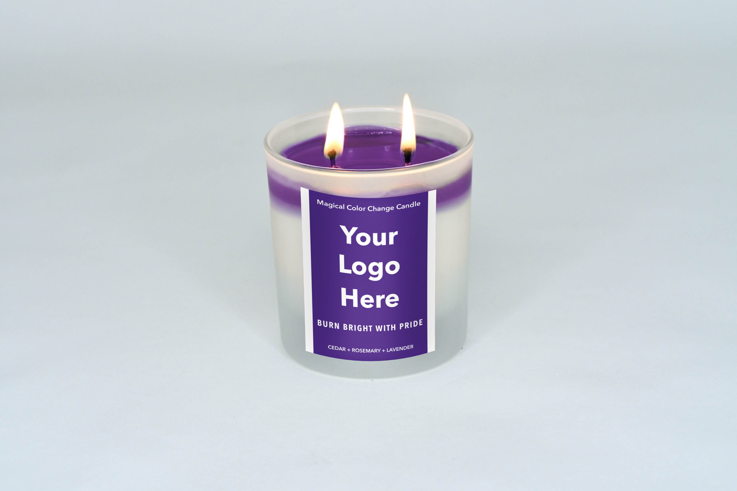 Purple candle, your logo here, lit, full wax pool