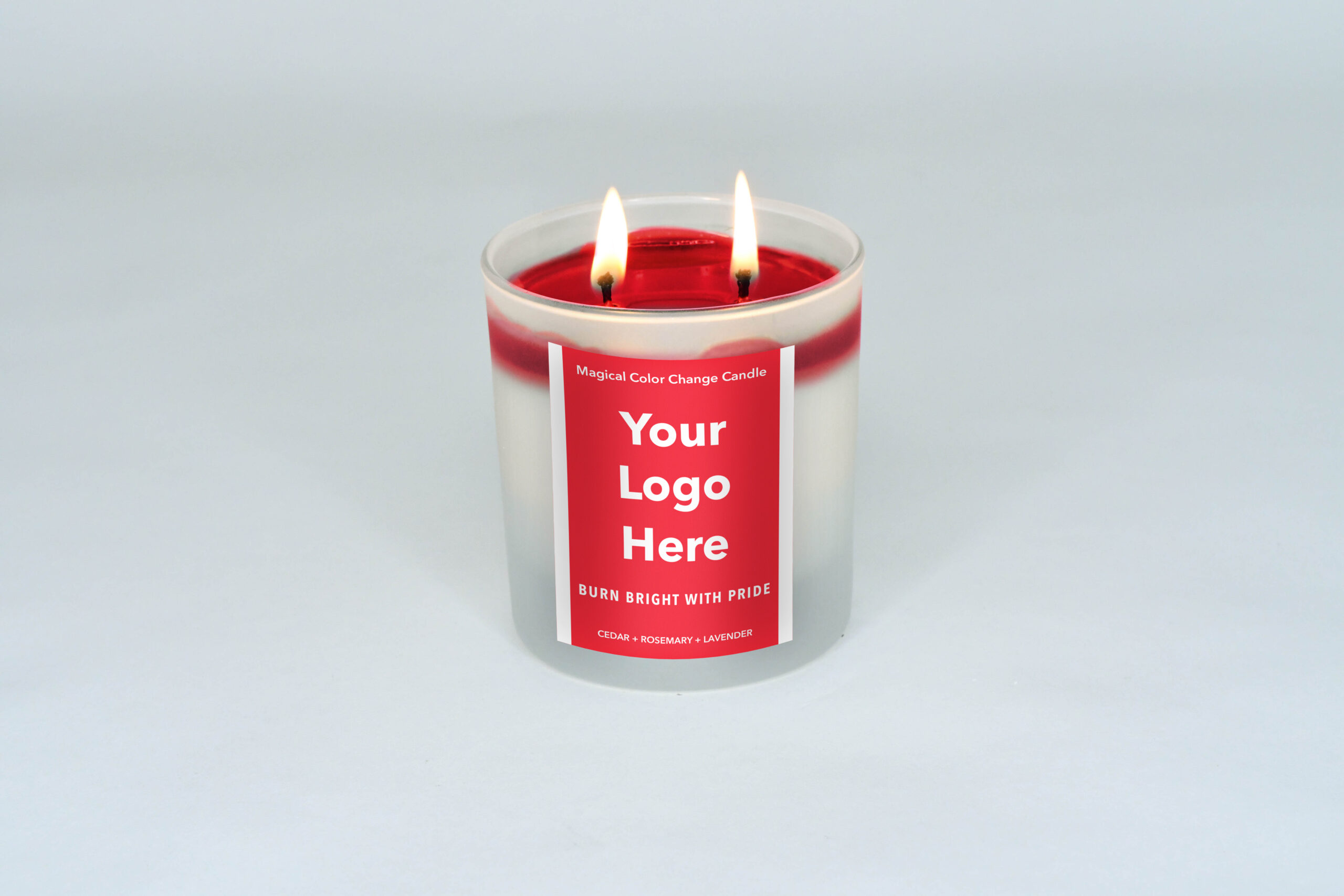 Red candle, your logo here, lit, full wax pool