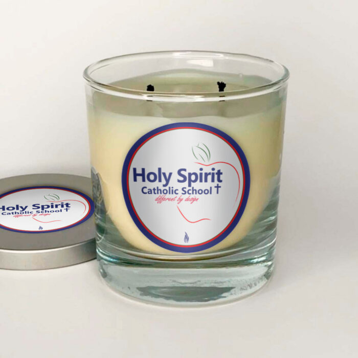 Holy Spirit two wick color changing candle, lid off, extinguished