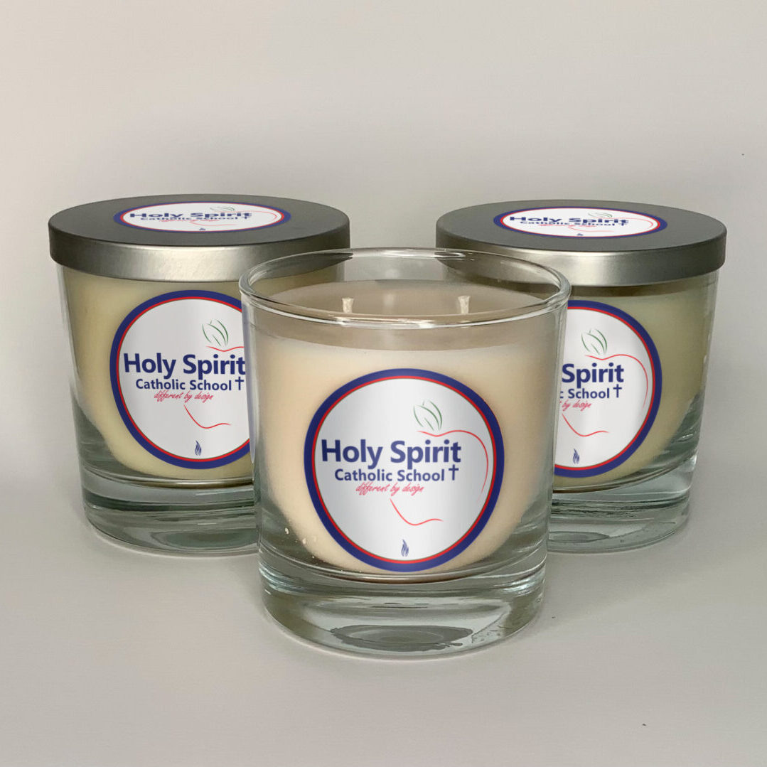 Holy Spirit 3x two wick color changing candle, one with lid off