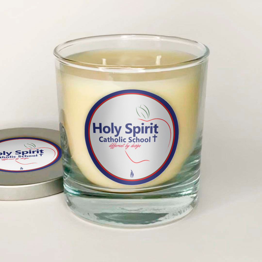 Holy Spirit two wick color changing candle, lid off