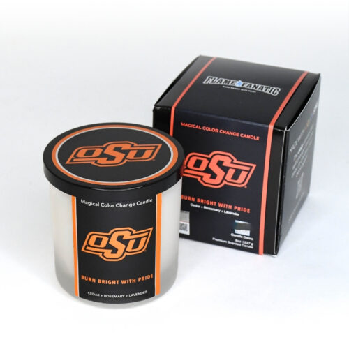 Oklahoma State University candle product and packaging