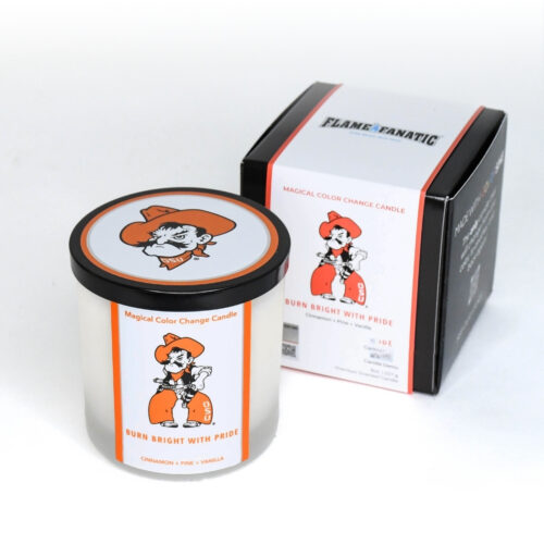 Oklahoma State University candle product and packaging