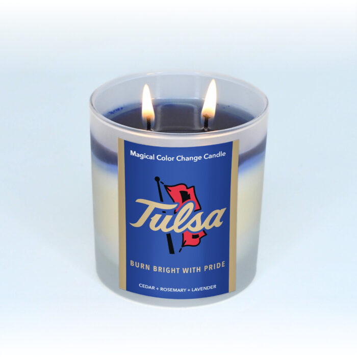 university of tulsa 8oz candle, two wick, lit, full wax pool