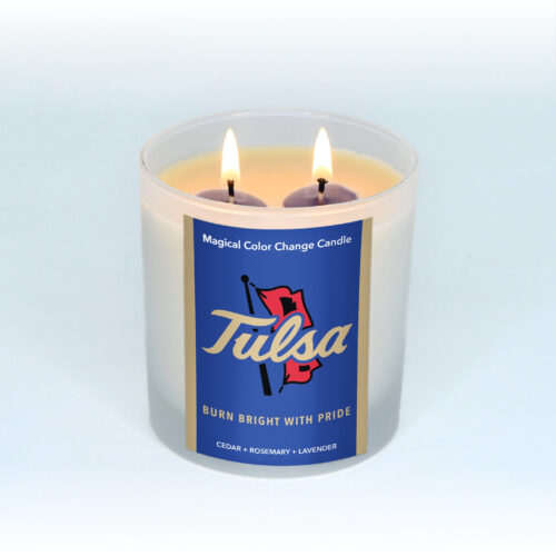 university of tulsa 8oz candle, two wick, lit, partial wax pool