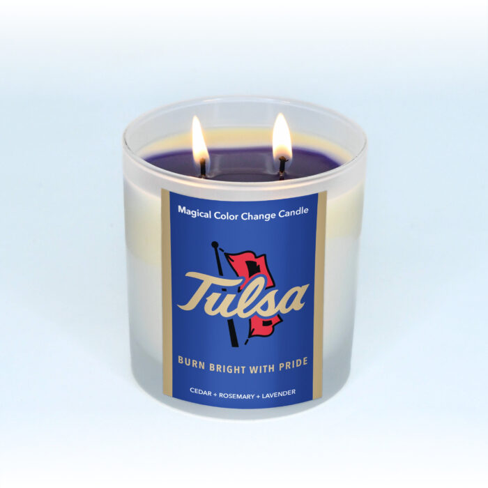 university of tulsa 8oz candle, two wick, lit